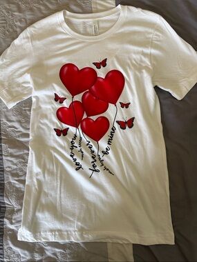 Bella Canvas White Tee with Red Heart Balloons and Butterflies